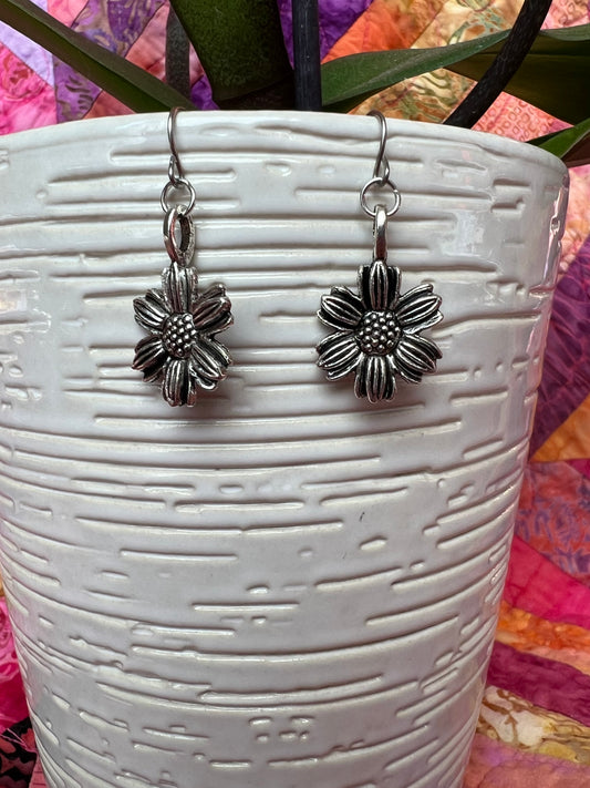 Earrings- Silver plated metal sunflowers.