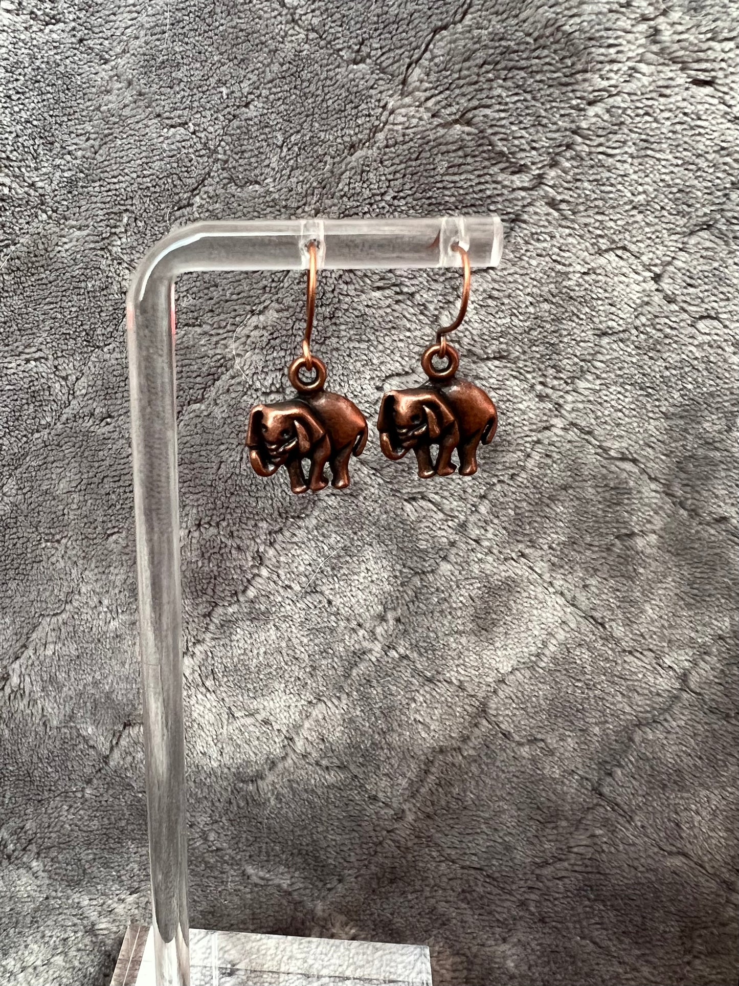 Earrings- Antique copper plated metal elephants.