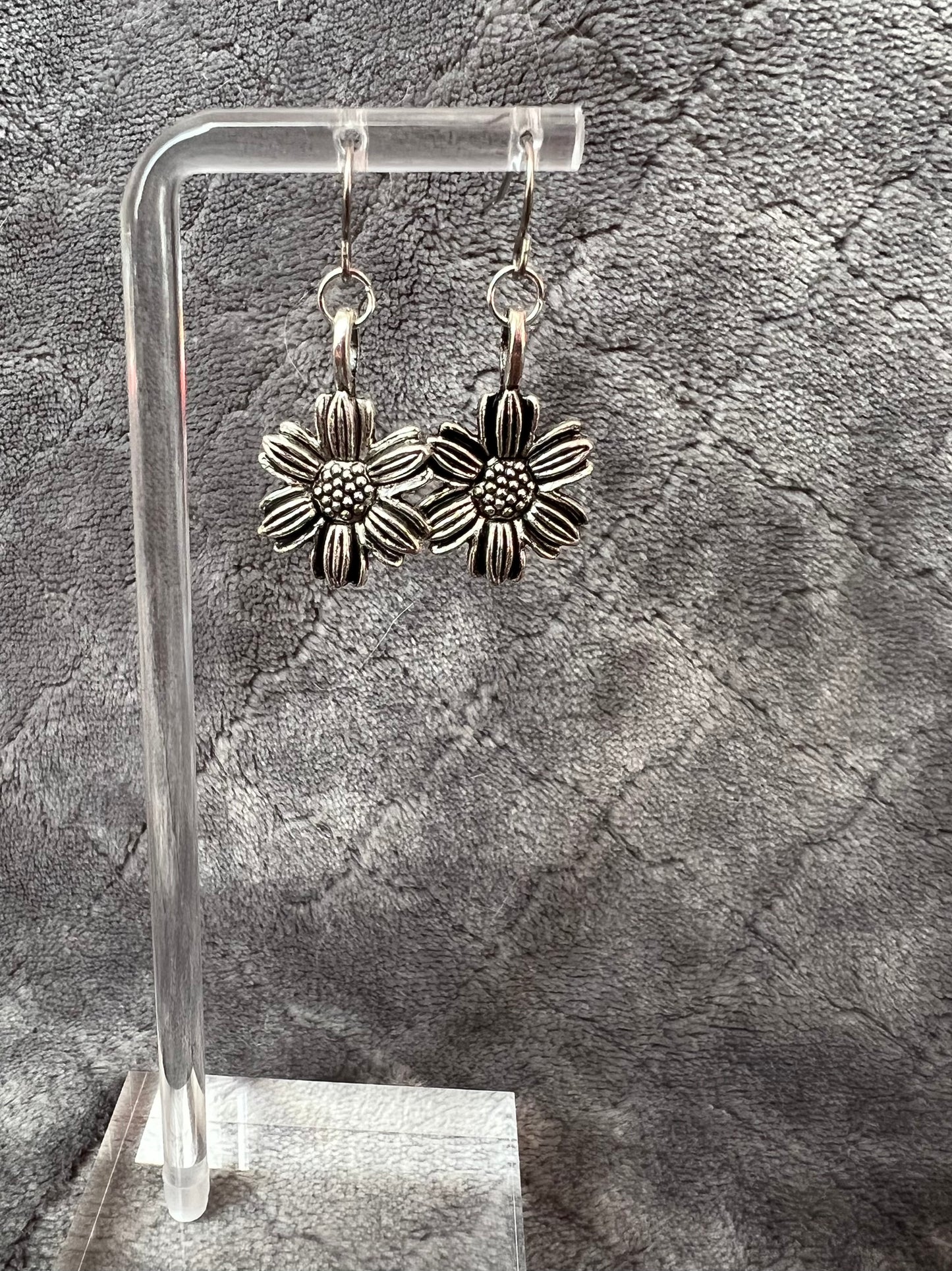 Earrings- Silver plated metal sunflowers.