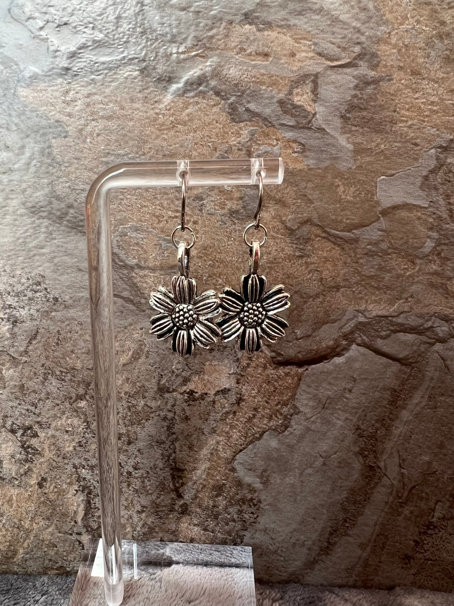 Earrings- Silver plated metal sunflowers.