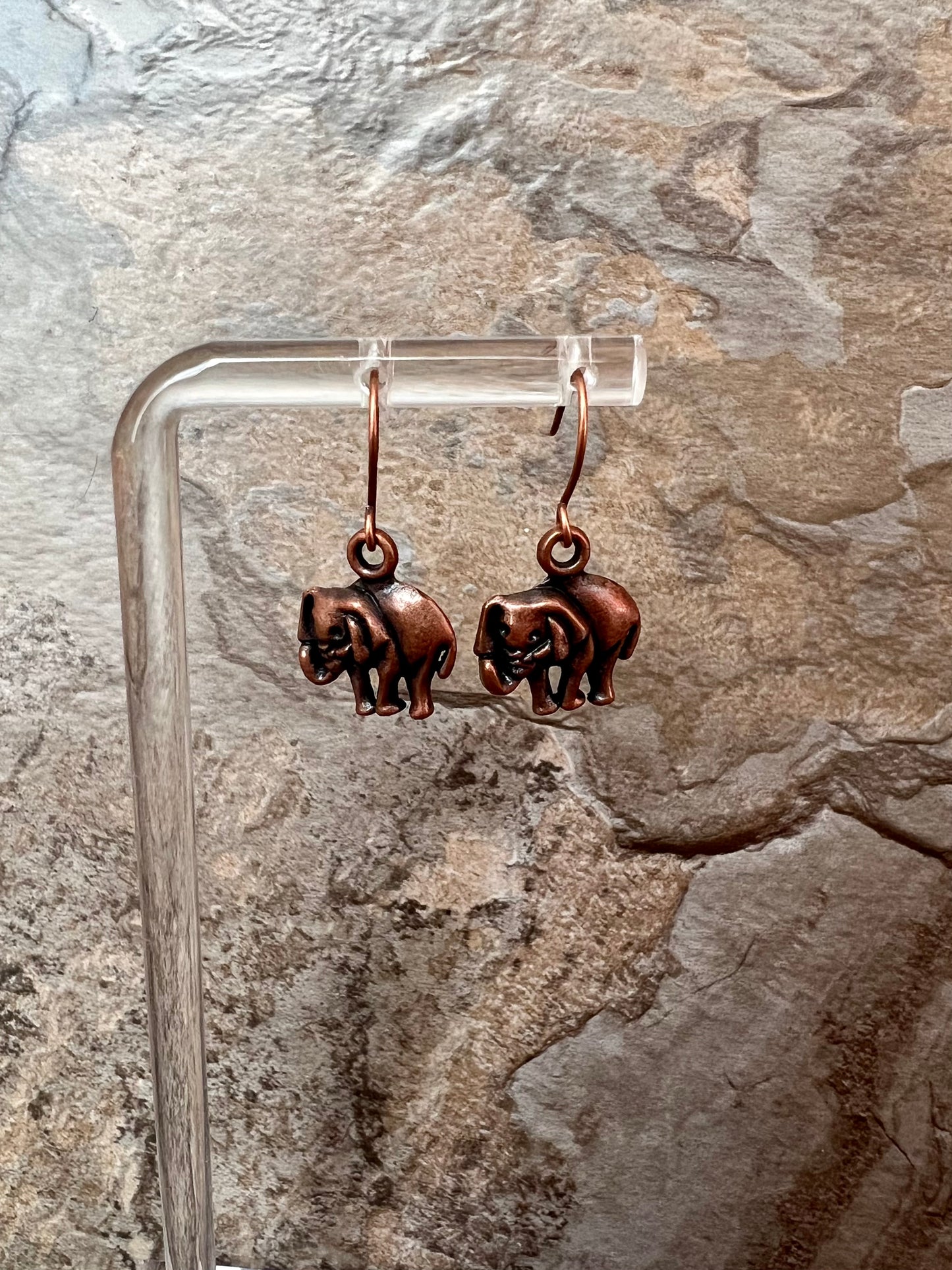 Earrings- Antique copper plated metal elephants.