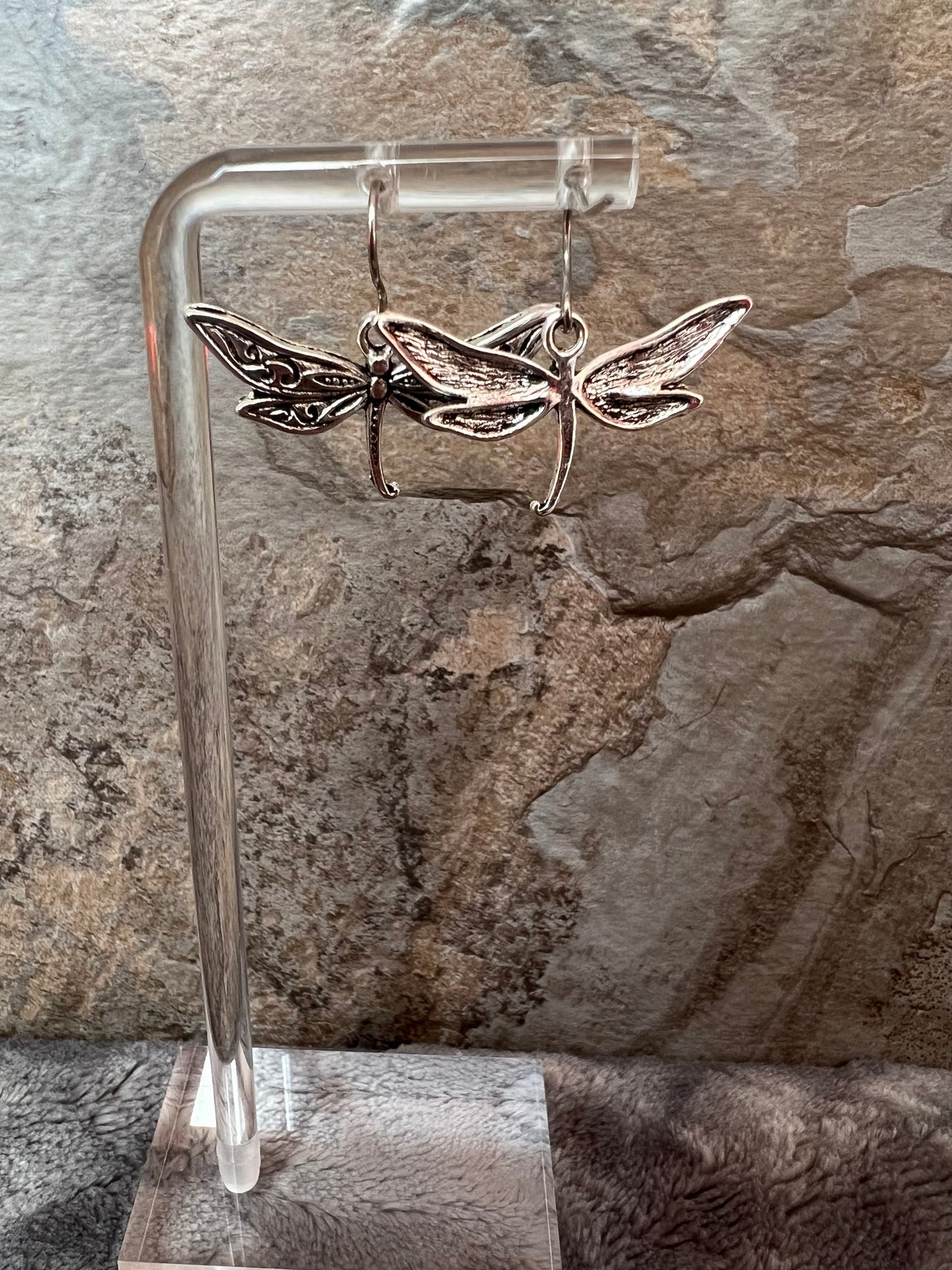 Earrings- Silver plated metal dragon flies.