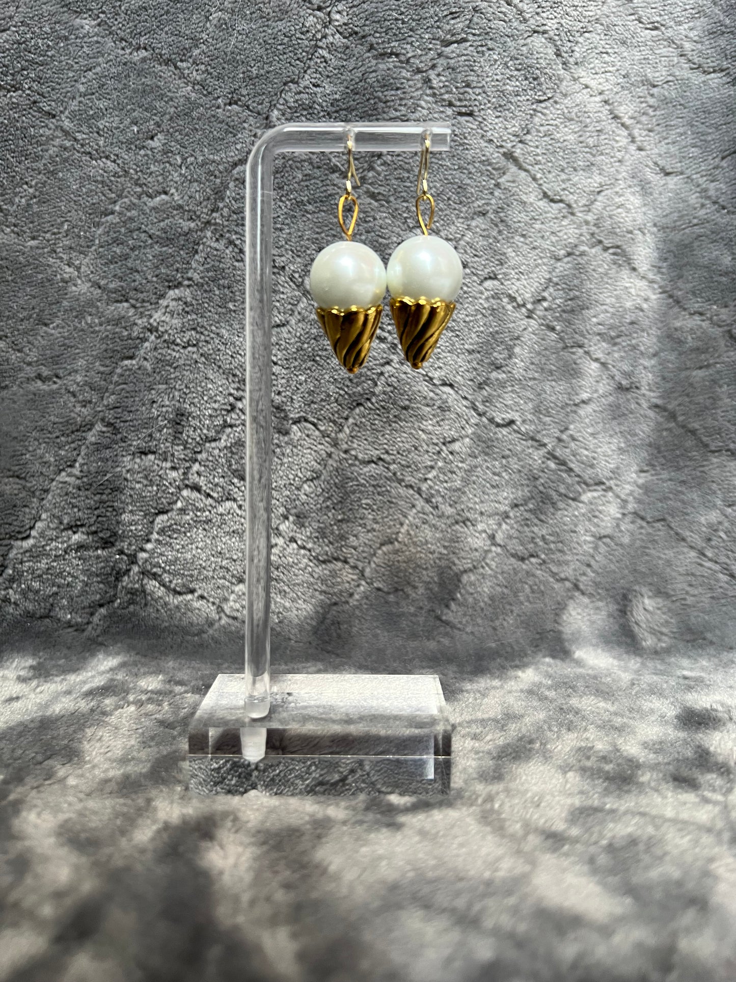 Earrings- Ice cream cones. Gold plated metal with patina cones with white faux pearl.