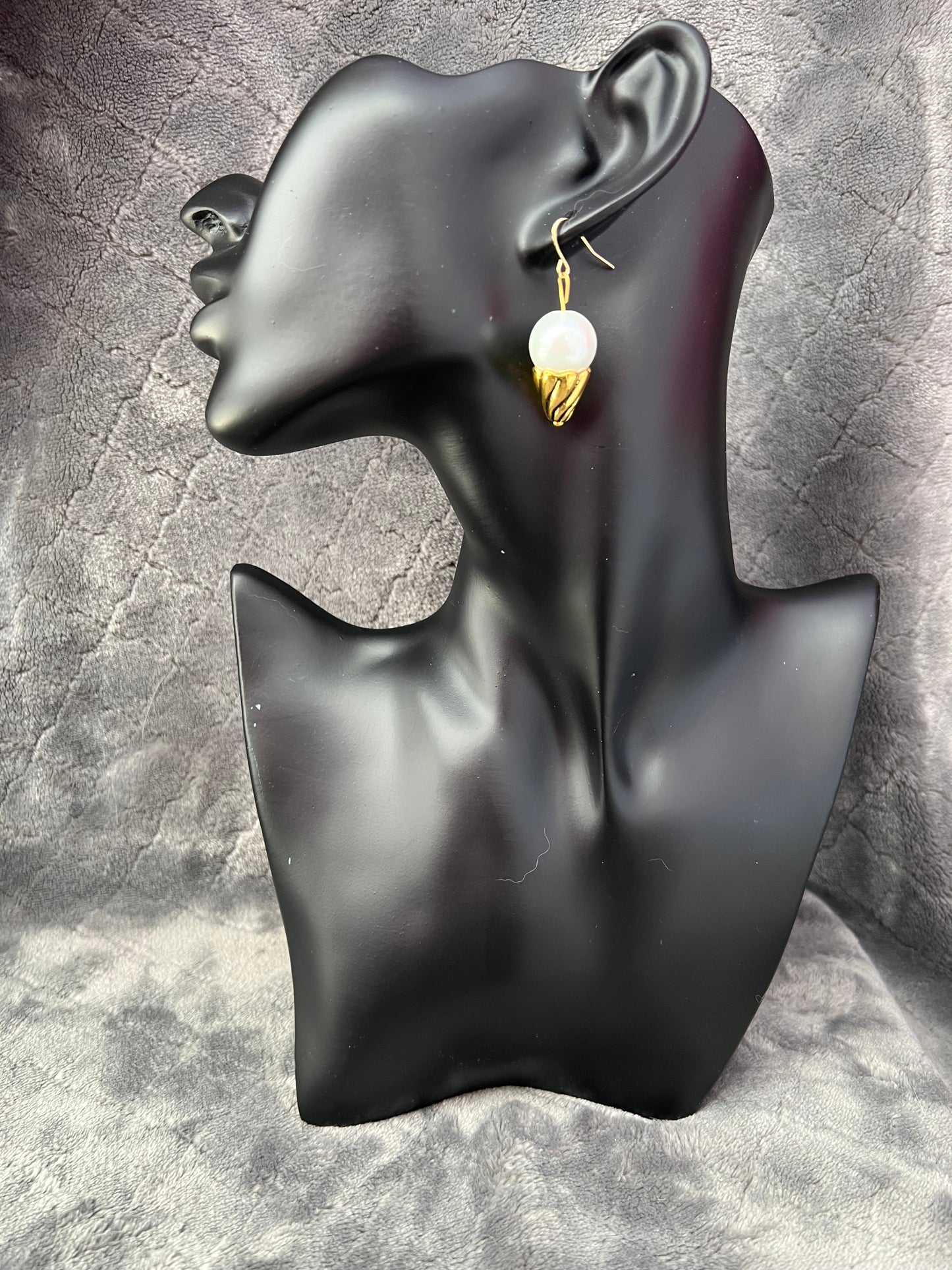Earrings- Ice cream cones. Gold plated metal with patina cones with white faux pearl.