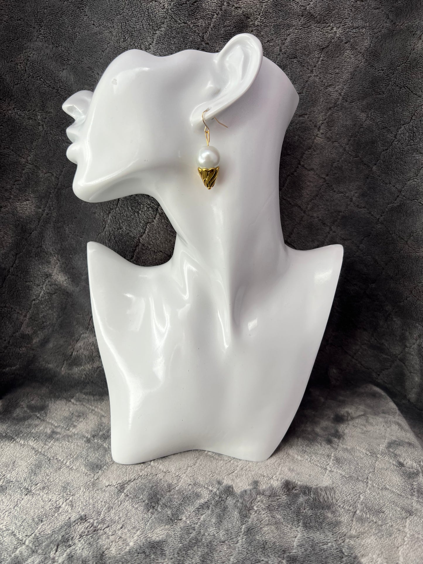 Earrings- Ice cream cones. Gold plated metal with patina cones with white faux pearl.