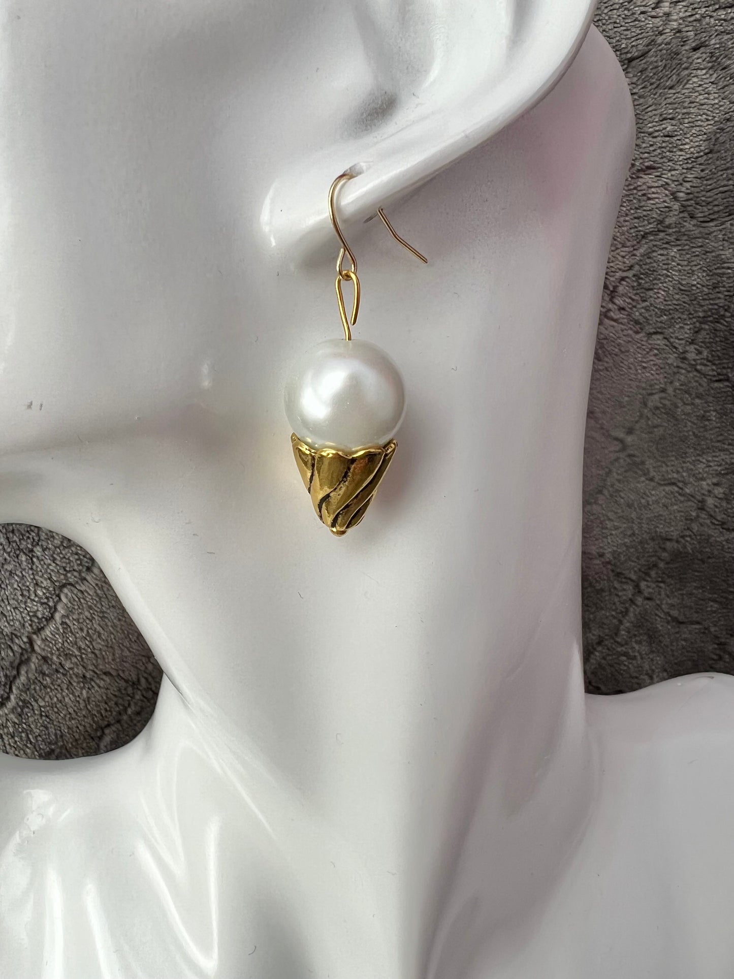 Earrings- Ice cream cones. Gold plated metal with patina cones with white faux pearl.