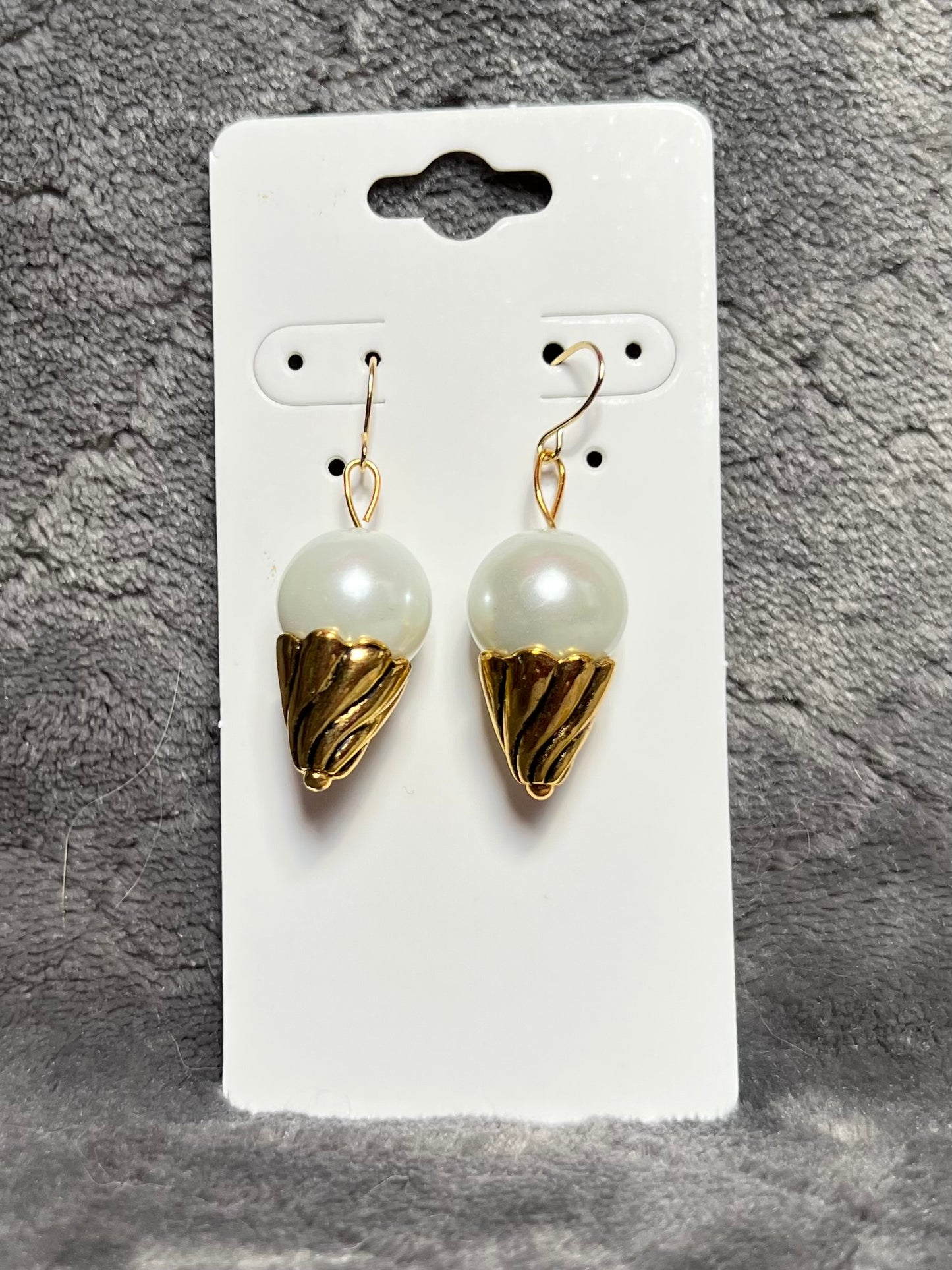 Earrings- Ice cream cones. Gold plated metal with patina cones with white faux pearl.