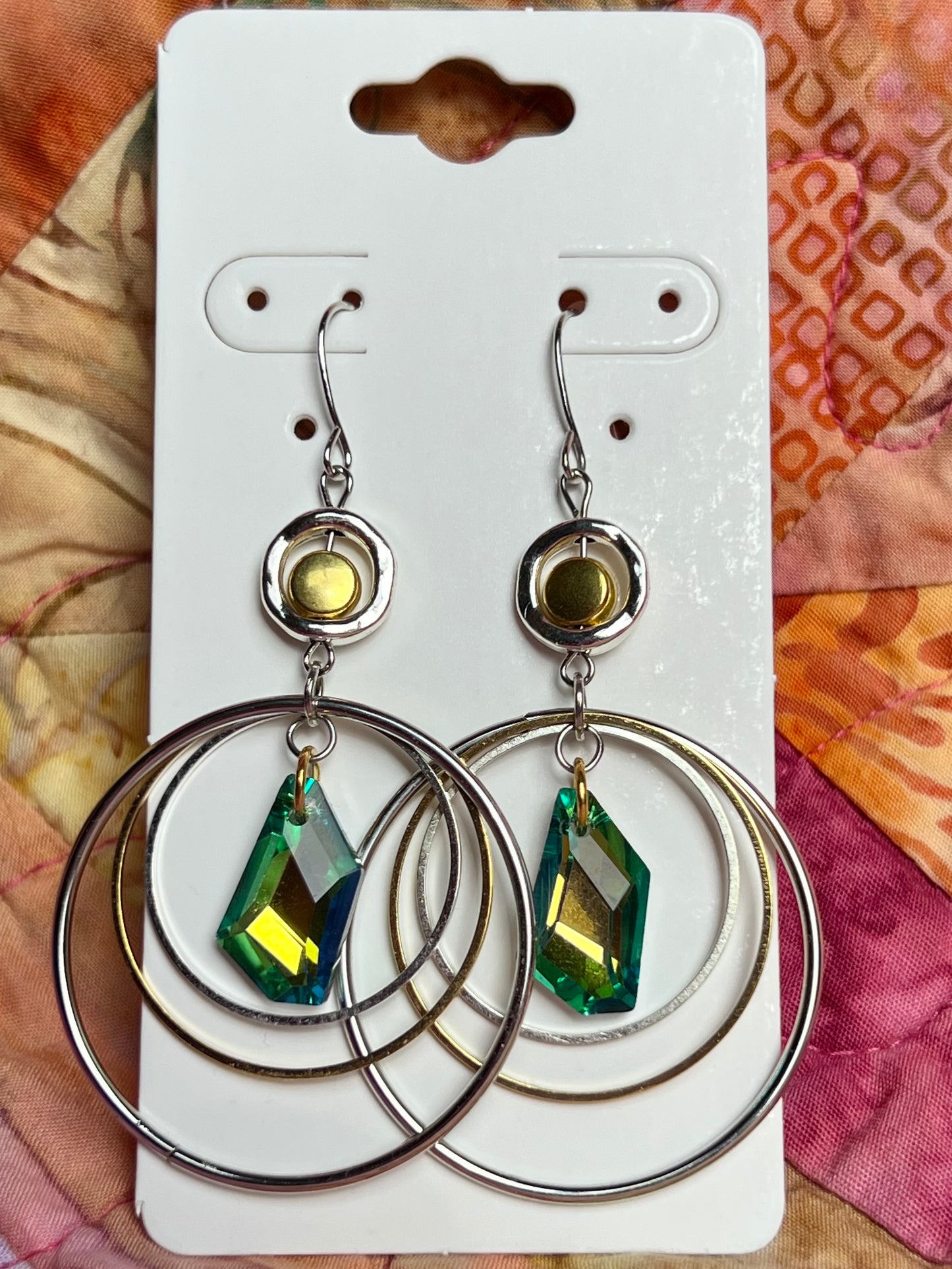 Earrings- Silver plated Hooks with hoops and geometric green/yellow crystal dangle.