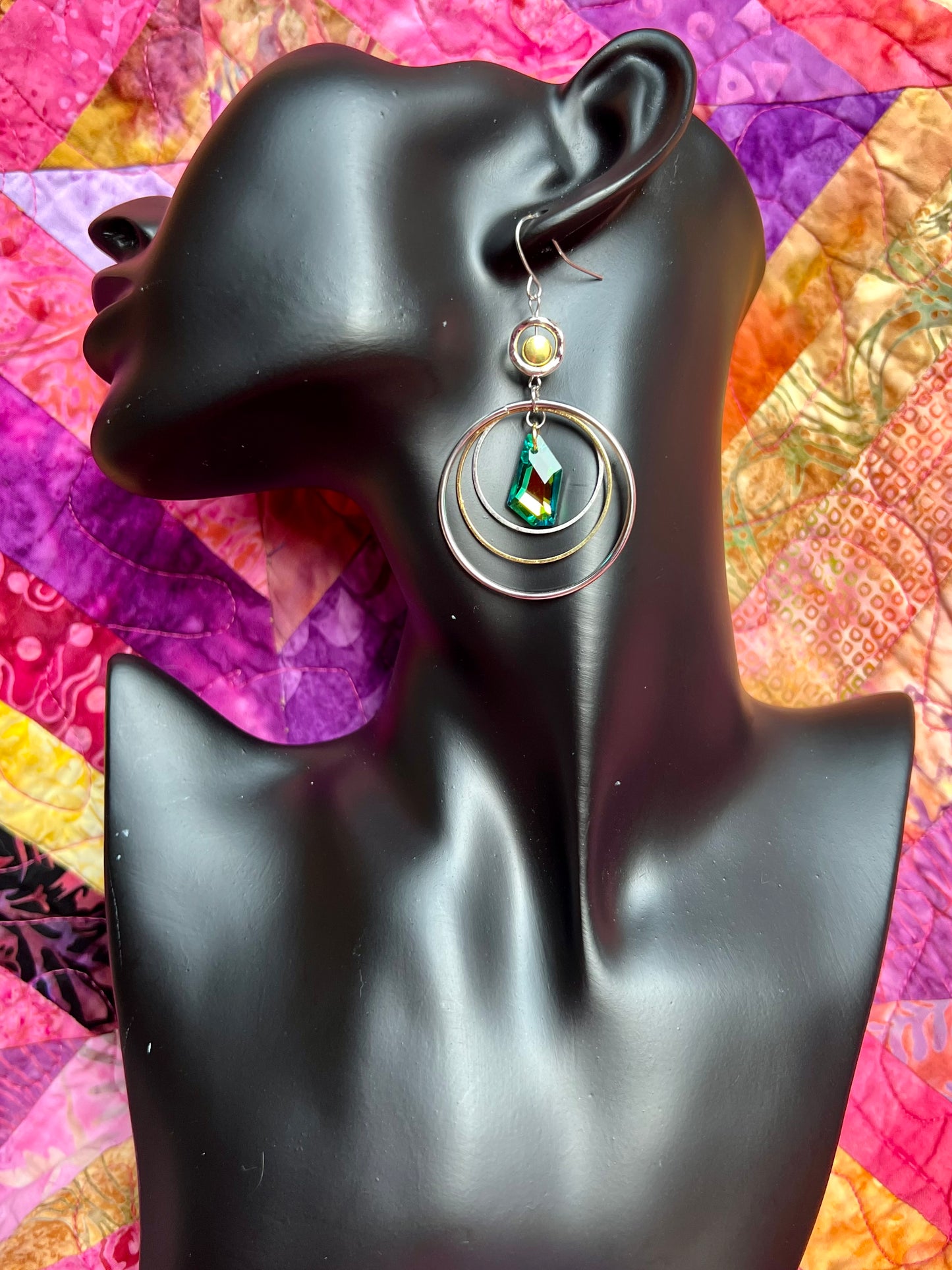 Earrings- Silver plated Hooks with hoops and geometric green/yellow crystal dangle.