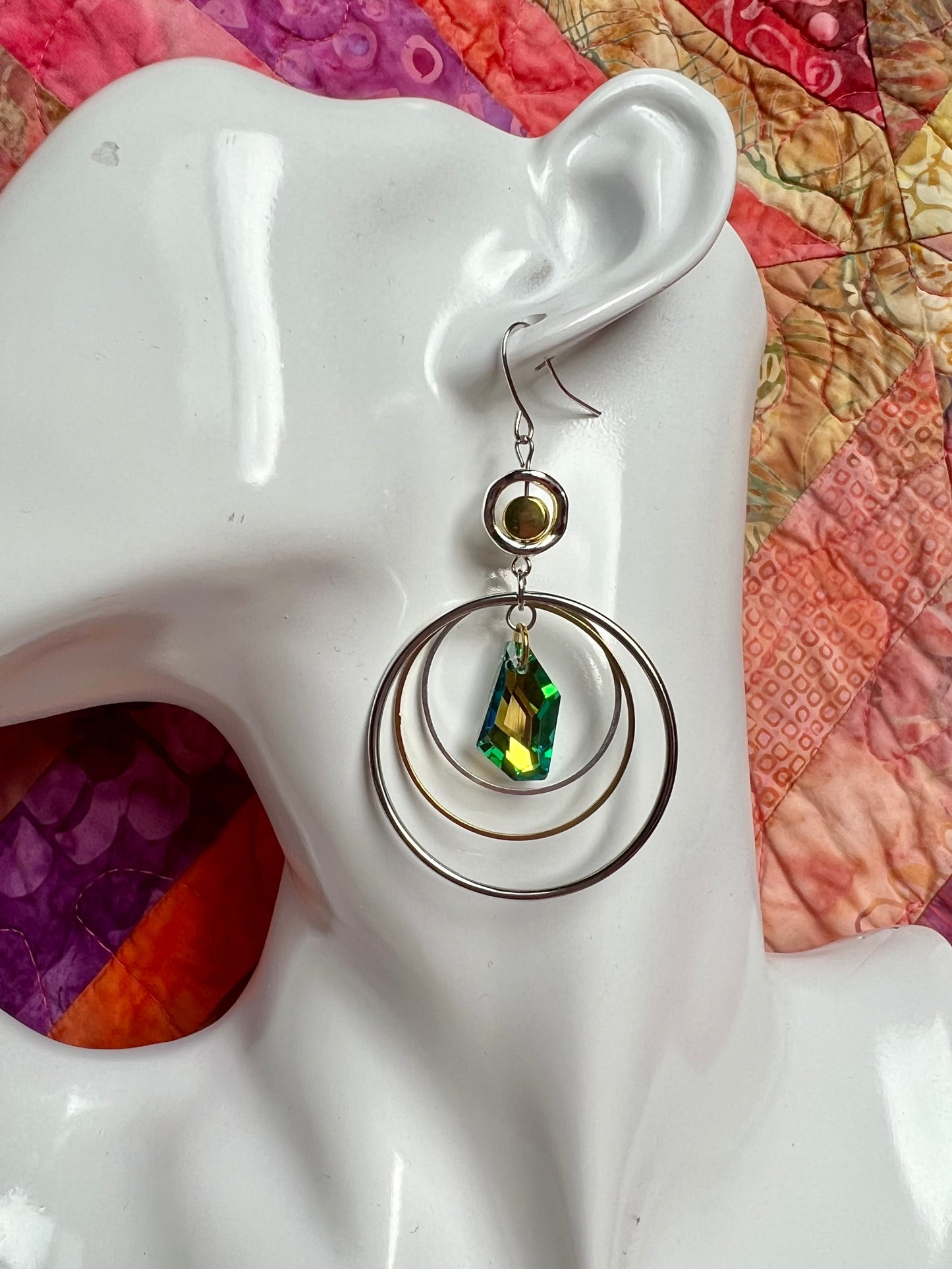 Earrings- Silver plated Hooks with hoops and geometric green/yellow crystal dangle.