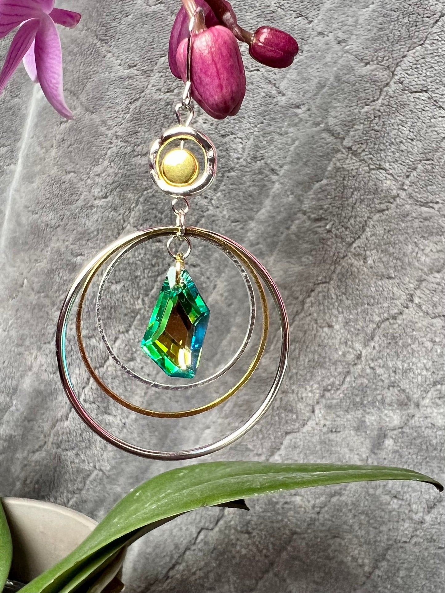 Earrings- Silver plated Hooks with hoops and geometric green/yellow crystal dangle.