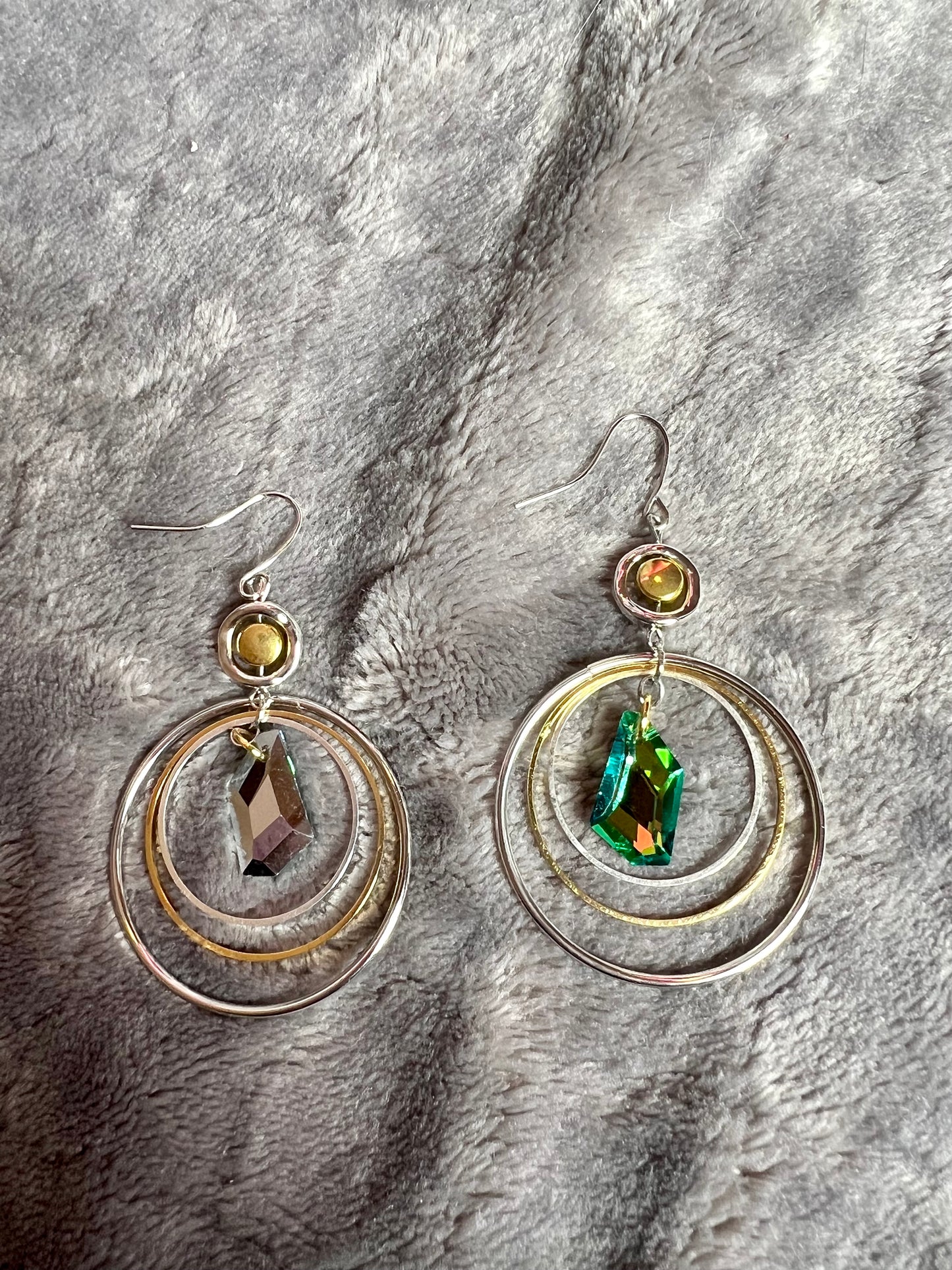 Earrings- Silver plated Hooks with hoops and geometric green/yellow crystal dangle.