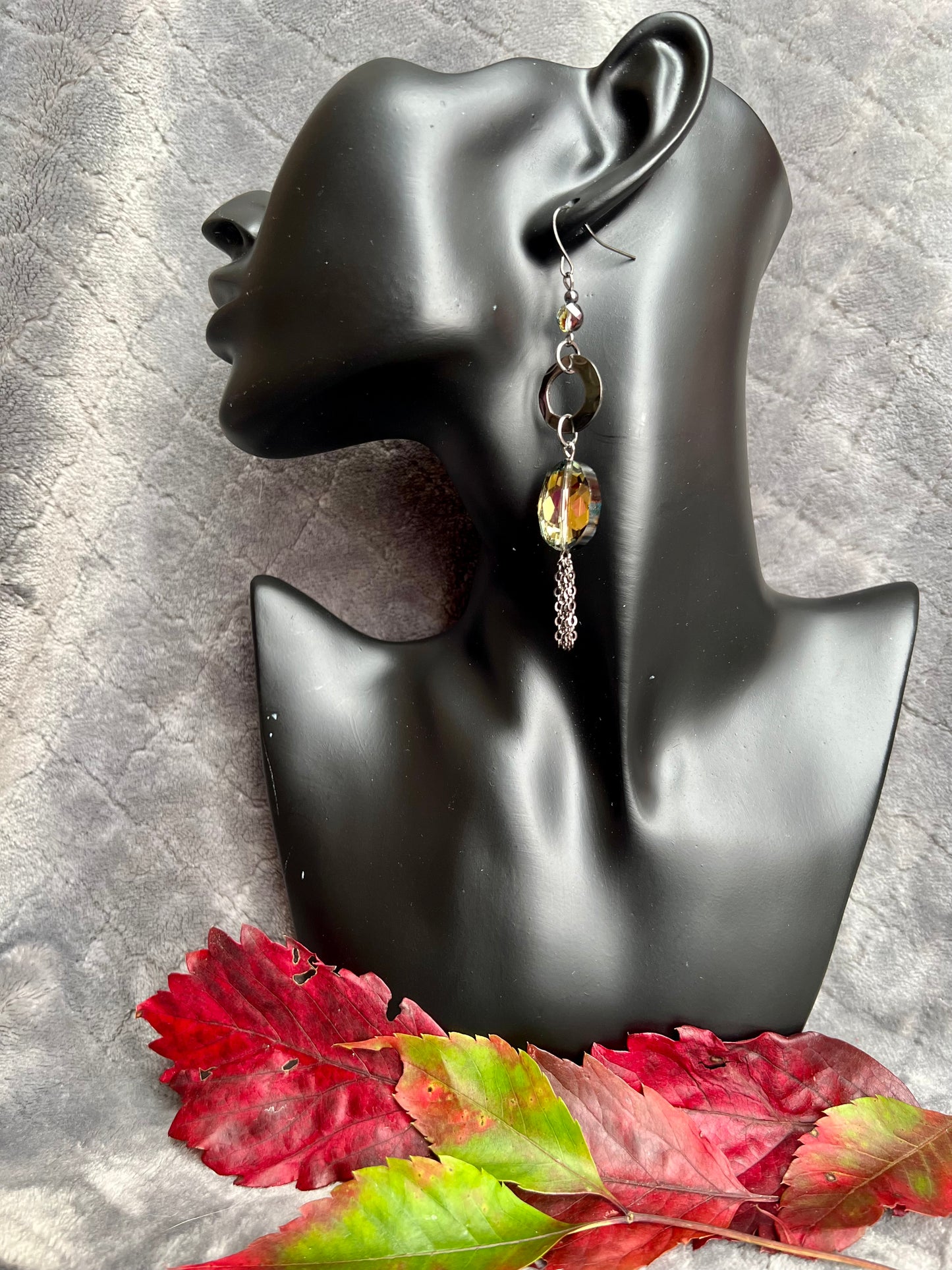 Earrings- Gun metal with vitrial foil back crystals.