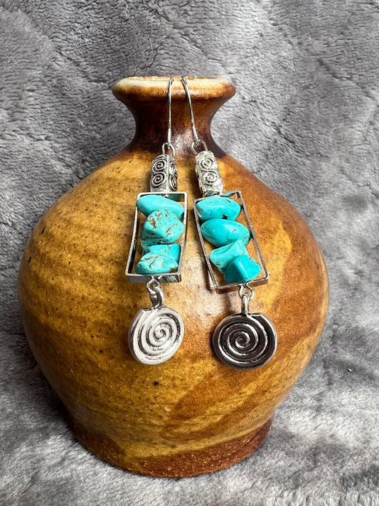 Earrings-  Silver plated metal with turquoise chips beads.