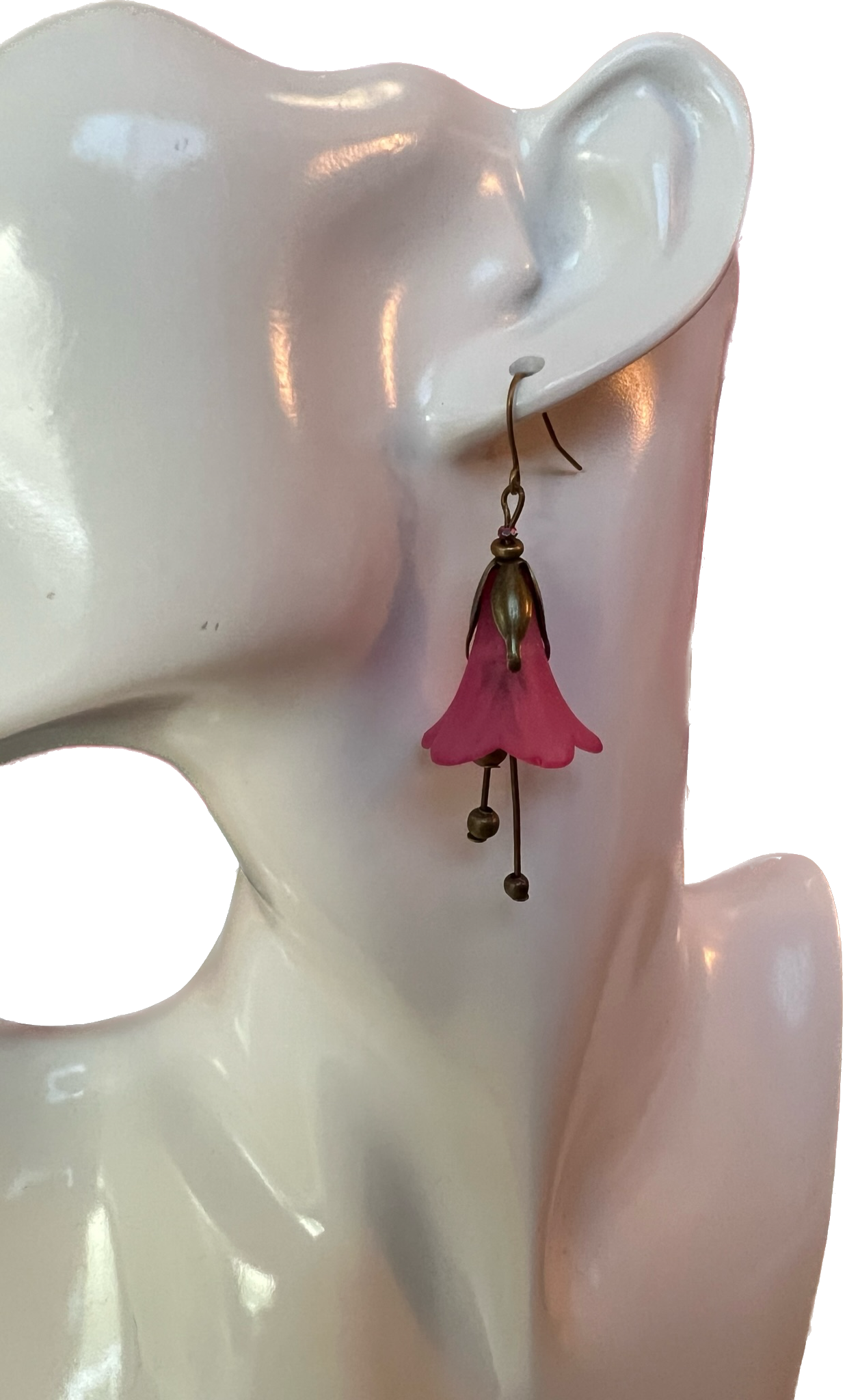 Earrings- Antique gold plated metal with pink acrylic flower beads.