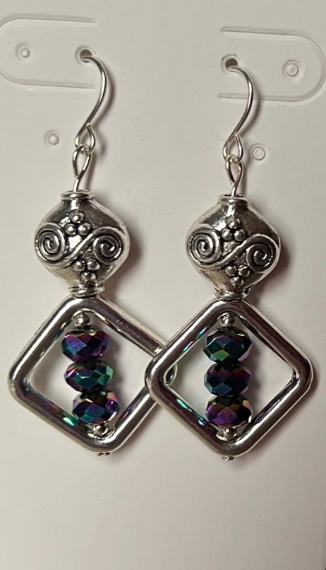 Earrings- Antiqued silver plated metal beads with rainbow Chinese crystals.