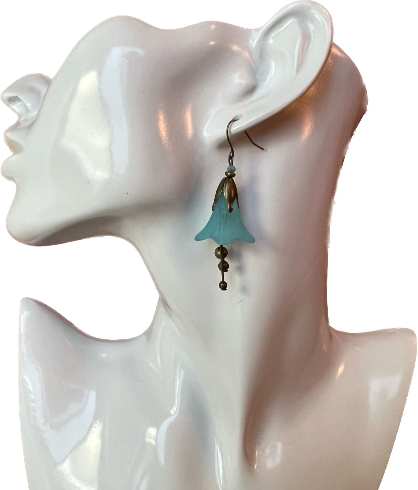 Earrings- Antique gold plated metal with blue acrylic flower bead.